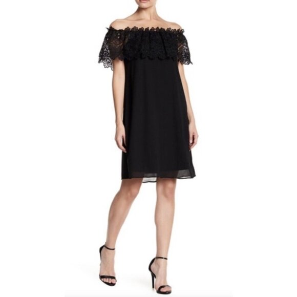 NEW Eliza J Womens 4 Black Off The Shoulder Mini Dress Lace Shear Lined - Picture 3 of 9